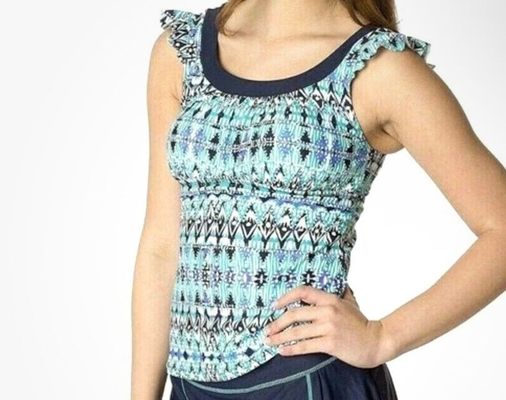 Zero Xposure Swimwear Tankini Top ONLY Women's 12 Blue Geometric Flutter Sleeve